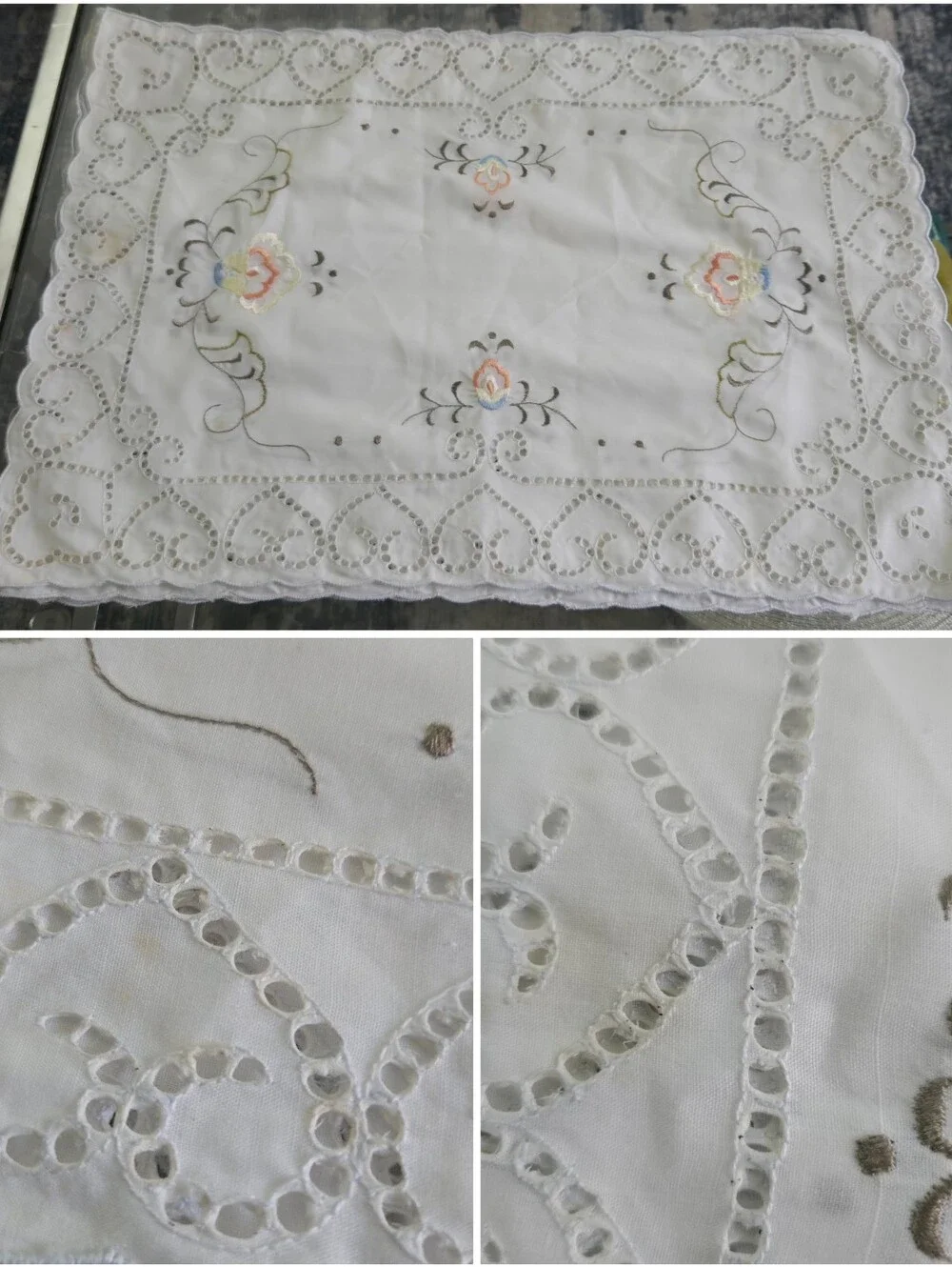 Vintage Set 4 Hand Embroidered Cutwork Linen Placemats Scalloped Floral Hearts